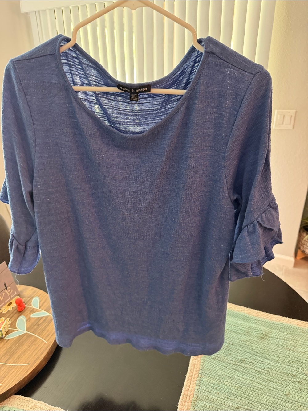 Cable & Gauge Blue Ruffle Sleeve Scoop Neck Top